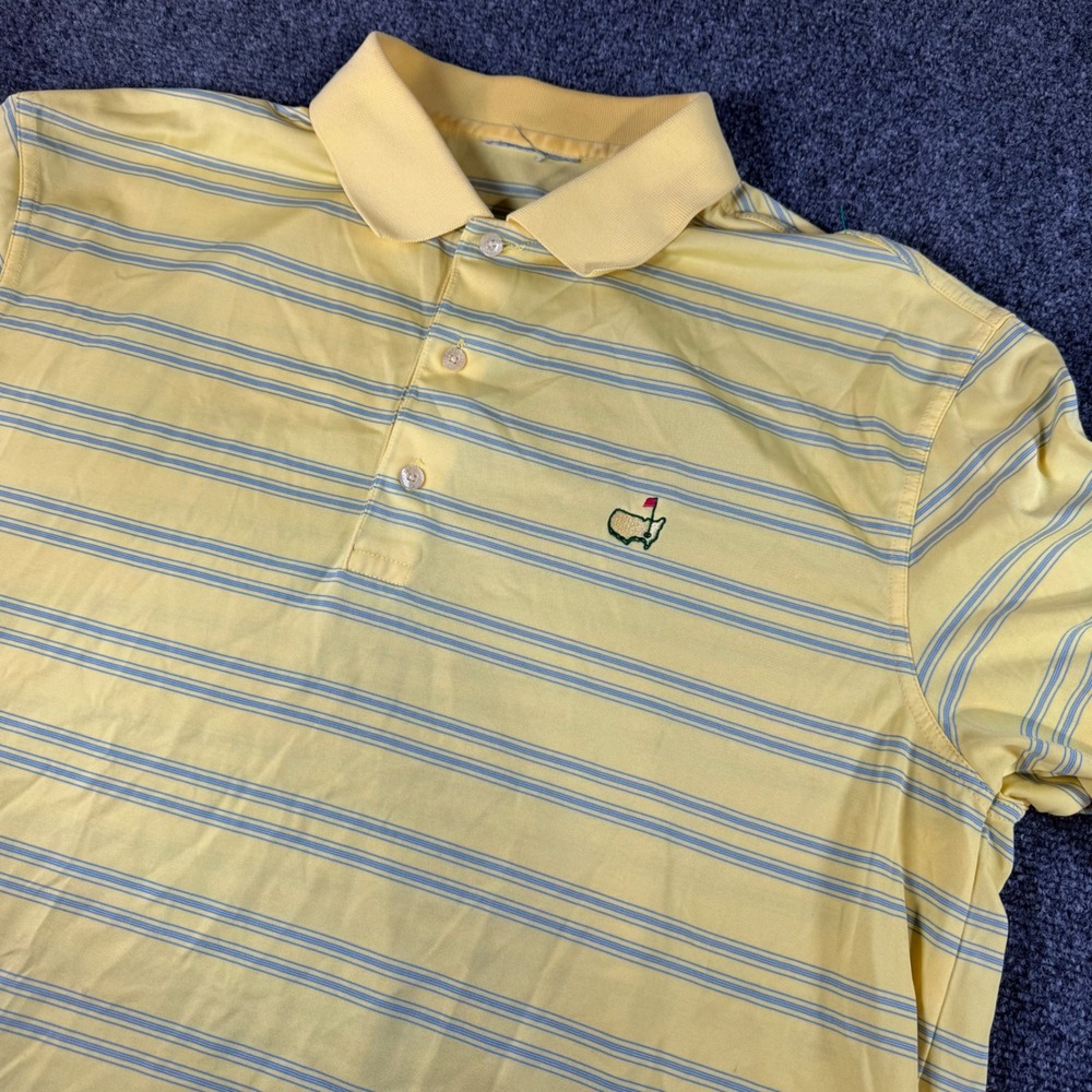 Masters Tournament Mens Golf Polo Shirt‎ Yellow Blue Striped Embroidered Logo